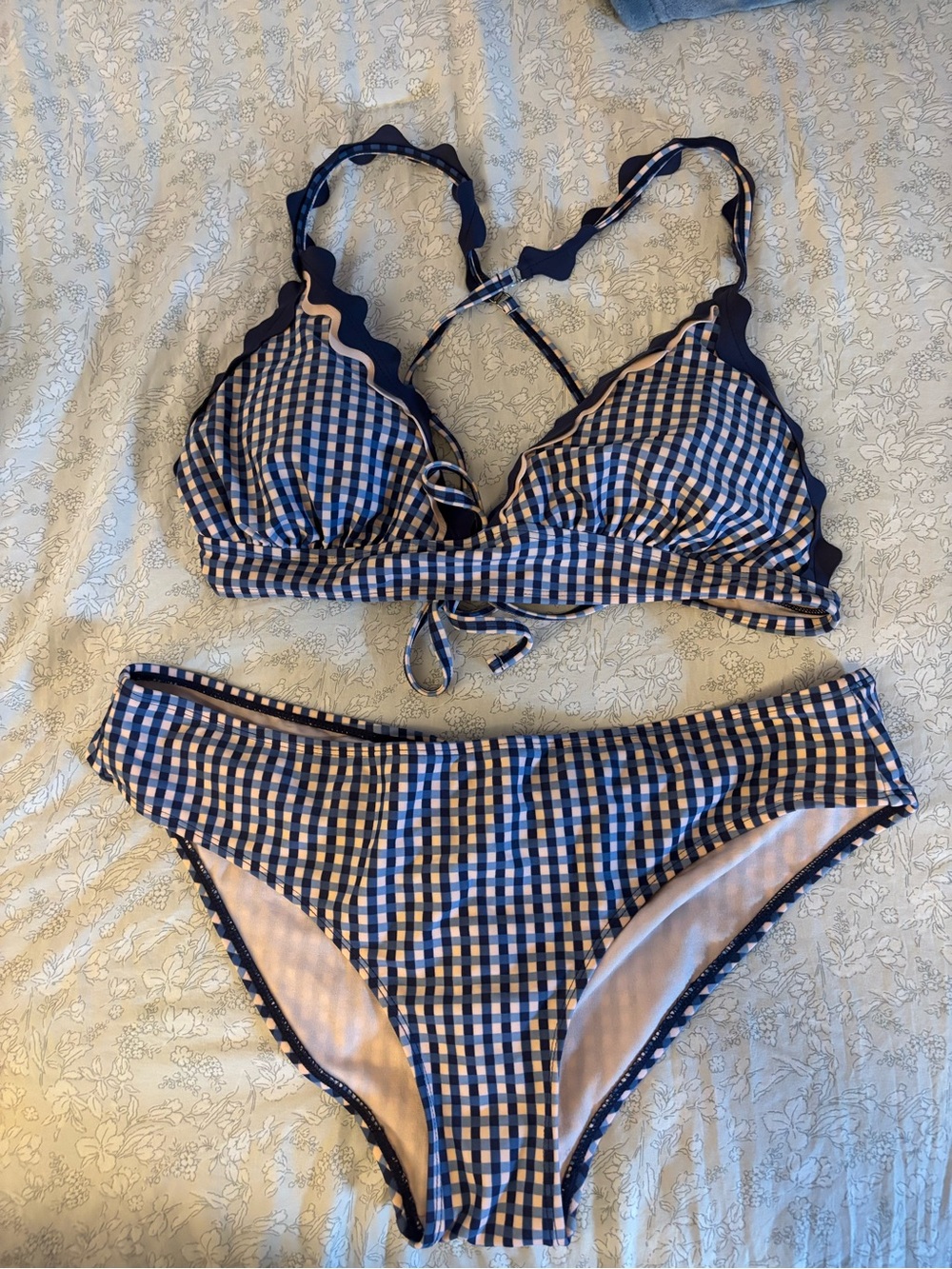 Xhilaration Navy and light Pink Gingham Scallop Bikini Set size XL